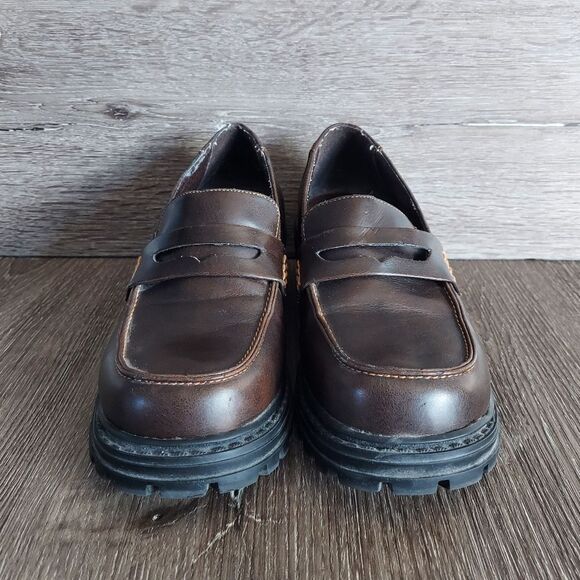  Vintage 90s Arizona Jean Brown Chunky Heel Loafer Shoe Size 7 - Picture 2 of 11